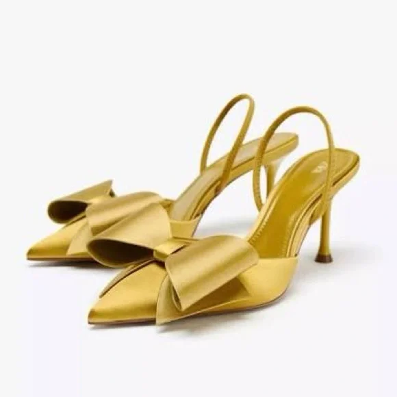 ZARA SATIN-EFFECT SLINGBACK HEELS - Mustard - Picture 3 of 5